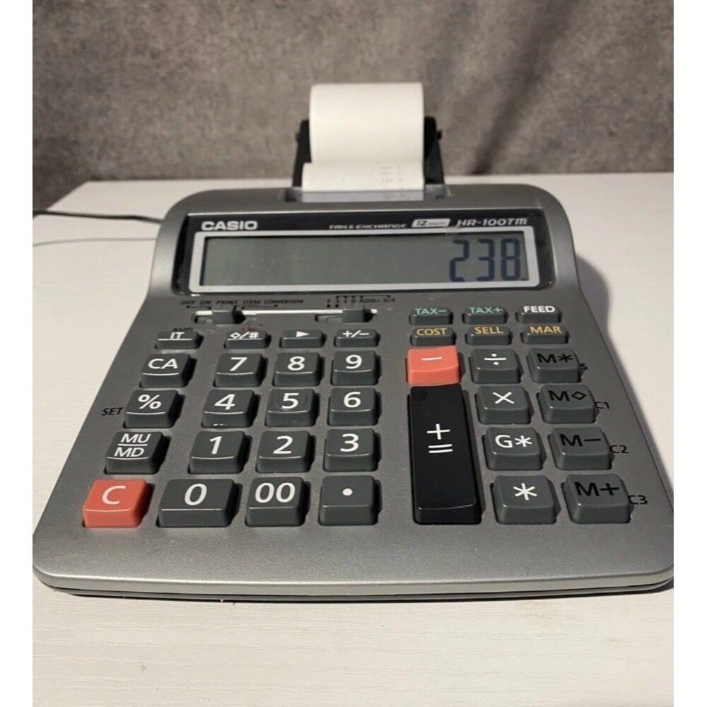 Casio HR-100TM Printing Calculator, 12-Digit, Tax & Exchange, Tested w/ Adapter